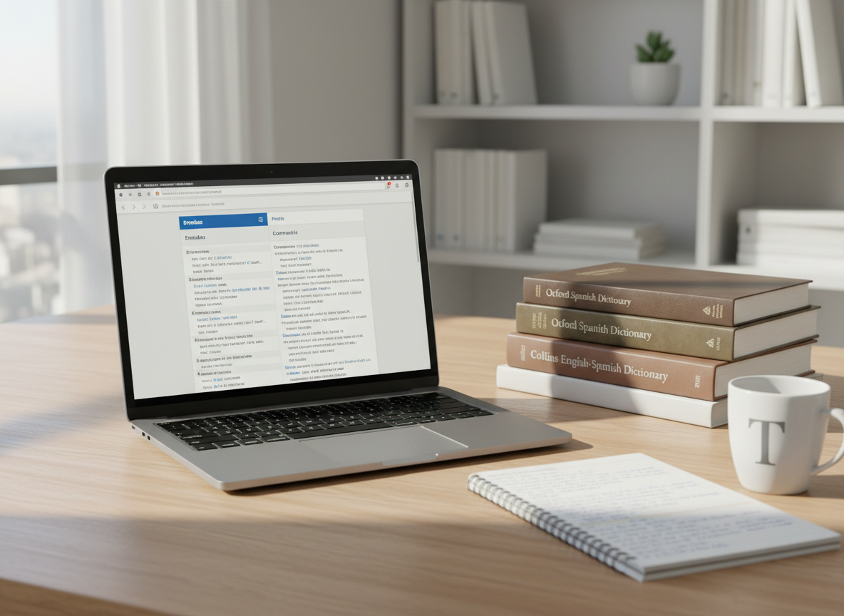 A modern, uncluttered workstation focused on a sleek 14-inch laptop displaying a bilingual WordPress dashboard, with Spanish and English text columns clearly visible on screen. The laptop rests on a light oak desk beside a neatly stacked set of language dictionaries and a notebook filled with tiny, precise handwritten annotations. Soft morning light from a large window to the left creates subtle reflections on the laptop’s metallic surface and casts gentle shadows across the desk. In the background, out of focus, are minimalist white bookshelves lined with academic texts. Photographic realism, eye-level composition with a shallow depth of field, clean and professional mood suitable for a university translation specialist’s personal website.