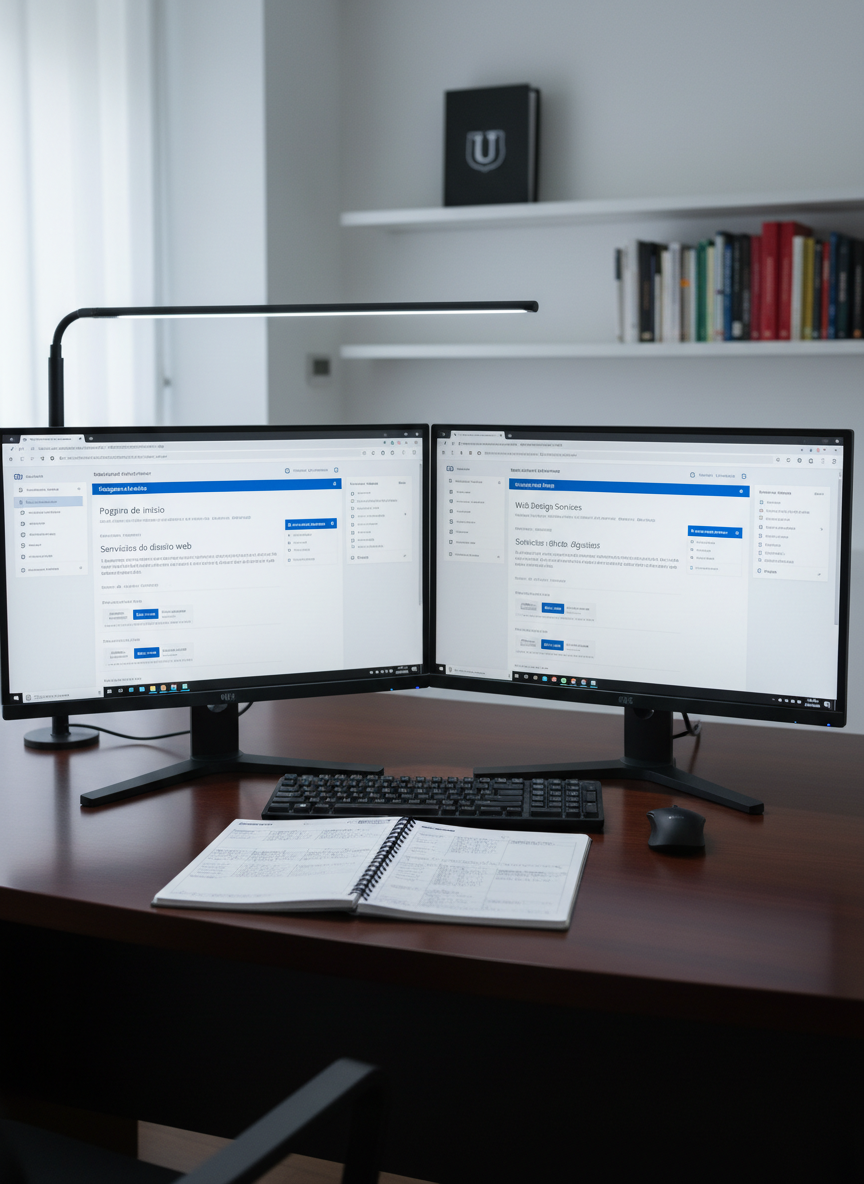 A high-resolution, eye-level shot of a dual-monitor setup on a dark walnut desk, each screen showing a different version of the same WordPress page: one in Spanish and the other in English. The interfaces are crisp and legible, with visible translation tools and plugin panels along the sides. Between the monitors lies a compact, open notebook featuring neatly organized glossaries of technical terms. Cool, even LED desk lighting combines with faint natural light from a distant window, creating a balanced, shadow-free environment. The background is tastefully blurred, hinting at a quiet academic office with white walls and a single university logo on a folder. Photographic realism, clean and modern, emphasizing precision and reliability.