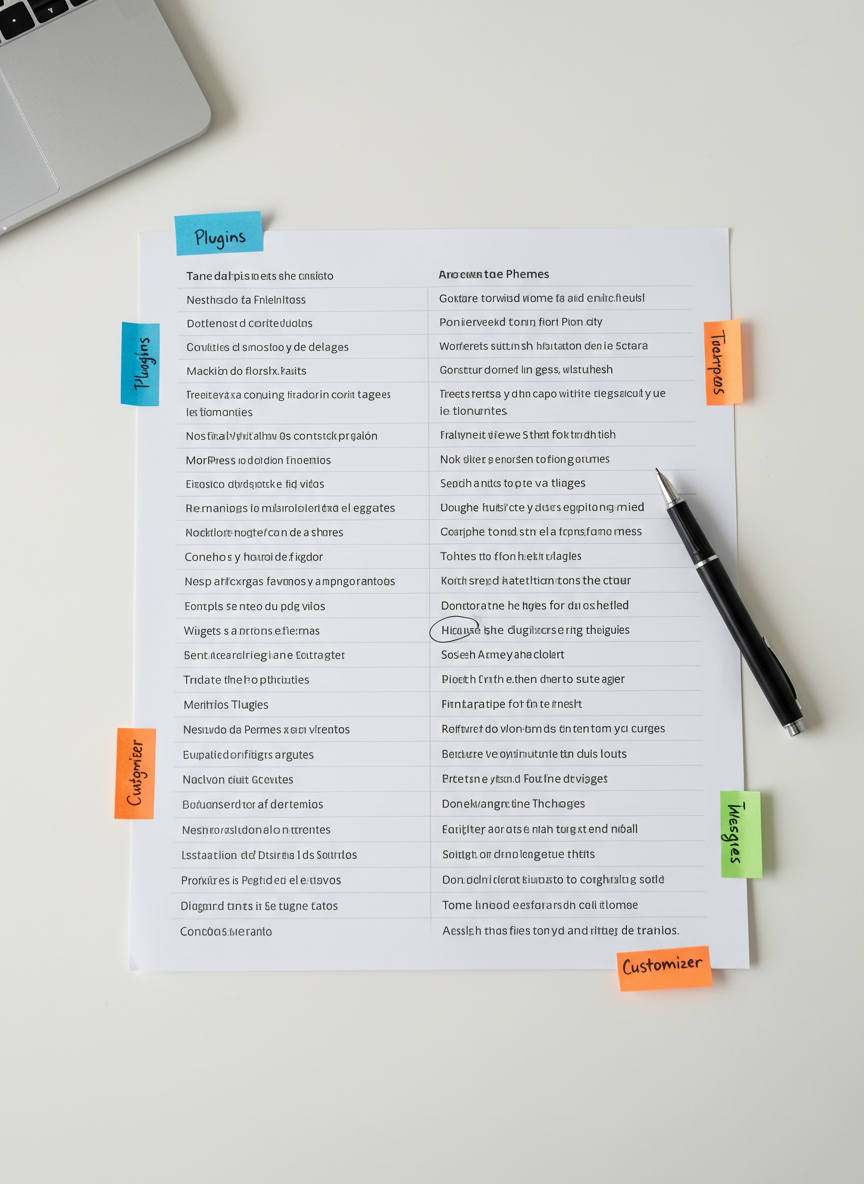 A close-up overhead view of a printed WordPress webpage laid flat on a smooth white desk, the page split vertically with Spanish content on the left and its carefully aligned English translation on the right, both set in a clean sans-serif font. Colored sticky tabs mark key terminology, and a fine-tip pen rests diagonally across the margin, hinting at recent revisions. Soft, diffused daylight from above eliminates harsh shadows, producing a calm, analytical atmosphere. In the upper corner, a subtle glimpse of a slim silver laptop and a muted gray keyboard suggests a digital workflow. Photographic realism with sharp focus across the page, professional and methodical mood representing meticulous translation work.